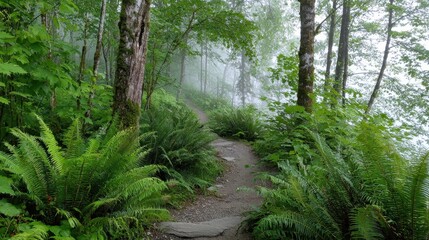 Obraz premium Forest path lined with ferns and morning mist for fresh trail run vibe