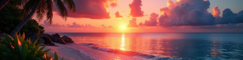 Vibrant sunset hues reflected on tranquil ocean, lush resort foliage, greenery, sand