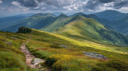 Naklejka premium Grassy hill with trail leading to summit and expansive countryside view
