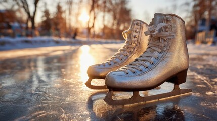 Ice skates resting beside frozen outdoor rink under golden winter sunlight