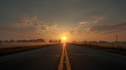 Long straight road through countryside with markings and sunrise glow ahead
