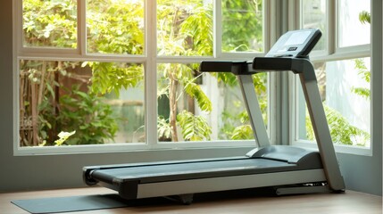Modern treadmill in home gym setup with large window and bright natural lighting