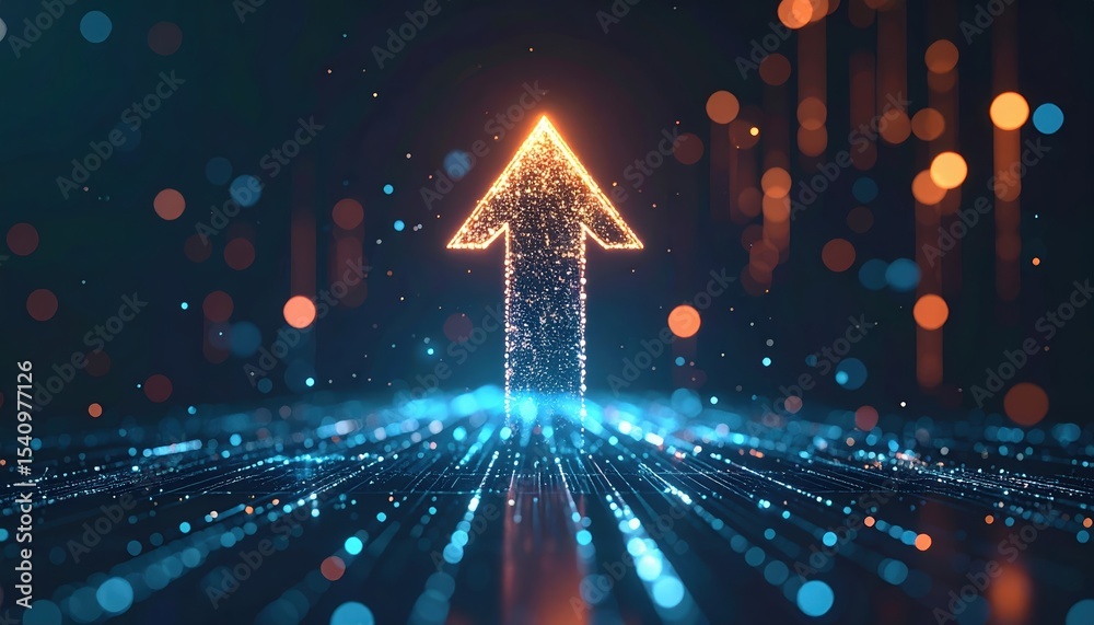 Poster digital technology concept with glowing arrow pointing upward over futuristic data grid and abstract