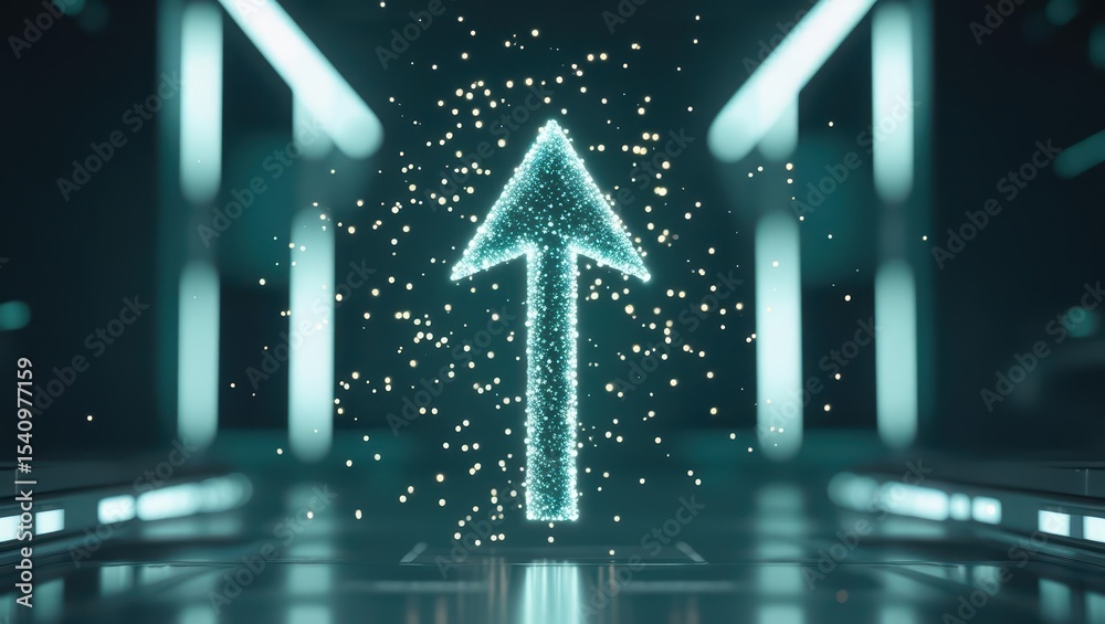 Poster futuristic glowing arrow pointing upward in a high-tech digital environment with luminous lines and 