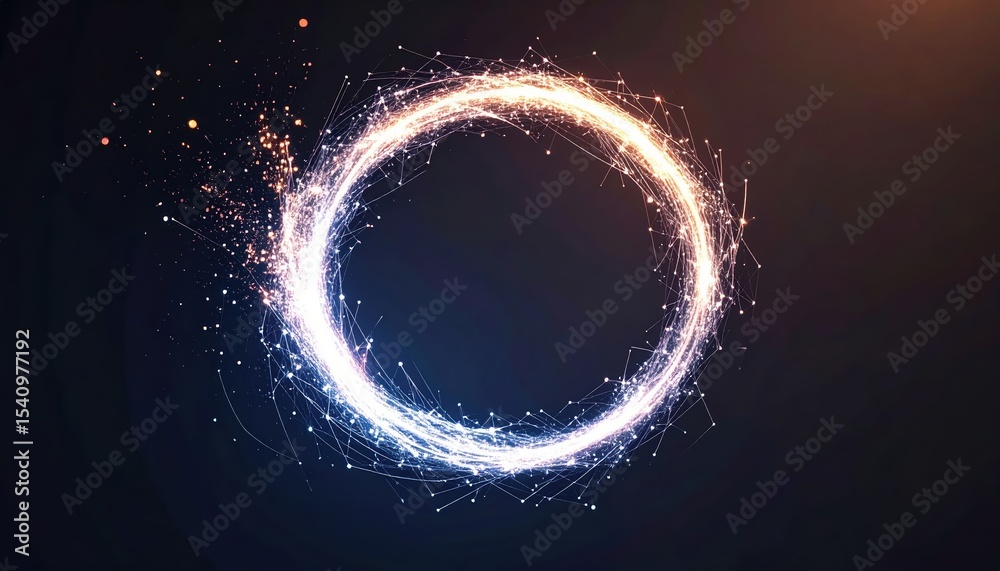 Poster dynamic glowing circular light with sparks and particles creating an energetic visual effect on dark