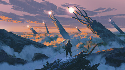 Obraz na płótnie Canvas An astronaut stands on rocky terrain surrounded by mist and clouds, watching enormous glowing-rooted structures rise into a surreal sunset sky, digital art style, illustration painting