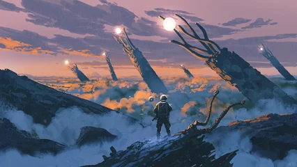 Gordijnen An astronaut stands on rocky terrain surrounded by mist and clouds, watching enormous glowing-rooted structures rise into a surreal sunset sky, digital art style, illustration painting © grandfailure