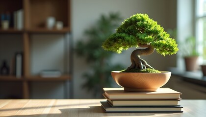 A bonsai tree in a wooden bowl on a stack of books
