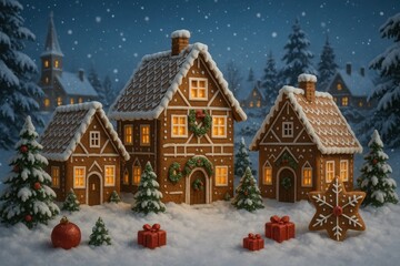 Traditional German Christmas gingerbread village scene with snow and festive atmosphere