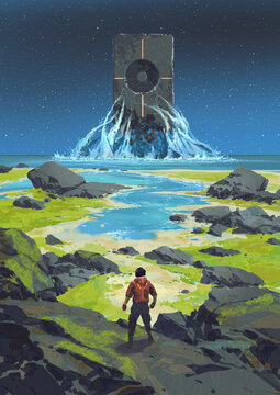 Fototapeta A man stands on rocky terrain watching a massive glowing monolith rise from the sea, surrounded by glowing water and a starry night sky, digital art style, illustration painting