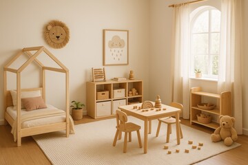 Children's nursery mockup with natural wood furniture and playful decor elements