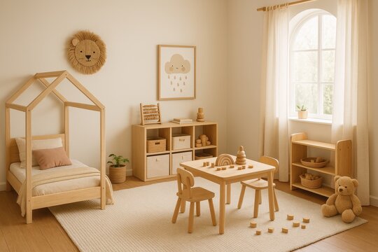 Children's nursery mockup with natural wood furniture and playful decor elements