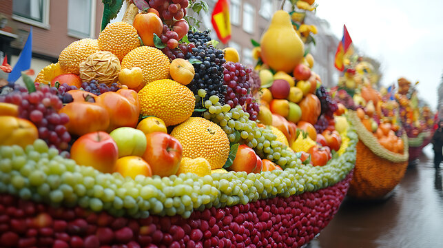 The streets of Tiel in the Netherlands are transformed into a vibrant river of color and creativity during the Fruitcorso.
