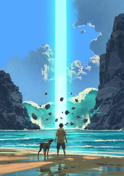 Fototapeta A boy and his dog stand on a quiet beach as a powerful glowing beam of blue light shoots down from the sky, illuminating the cliffs and ocean with floating debris, digital art style, illustration pain