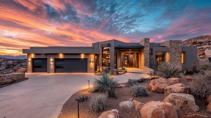 Modern home at twilight, desert landscape and colorful, vivid sunset sky