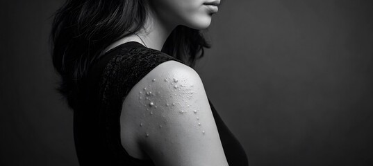 29 year old East Asian female standing against a solid backdrop presenting hidradenitis suppurativa nodules under her arm with a stipple engraving overlay illustrating follicular occlusion