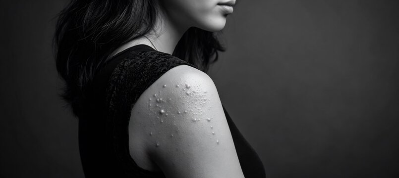 29 year old East Asian female standing against a solid backdrop presenting hidradenitis suppurativa nodules under her arm with a stipple engraving overlay illustrating follicular occlusion