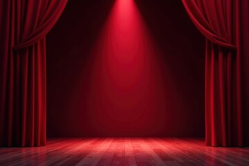 Crimson curtains frame a single spotlight on empty stage, backdrop, single spotlight, velvet curtains