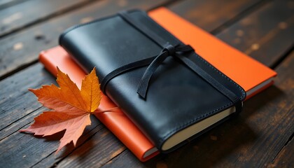 A black and orange notebook with a single orange leaf on a wooden surface