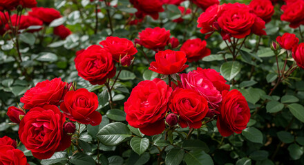 Obraz premium Beautiful blooming red roses in a lush green garden. Perfect floral image for romantic themes, gardening blogs, flower arrangements, and nature-inspired
