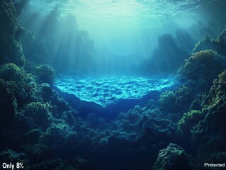 Fototapeta premium Sunlight penetrates deep underwater, illuminating a vibrant coral reef surrounded by rocky formations.