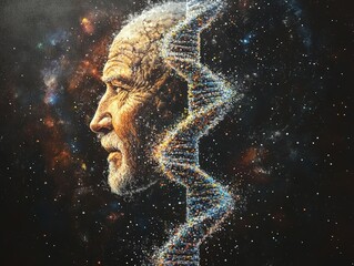 An elderly man's profile merges with a glowing DNA helix, symbolizing the connection between human life, genetics, and the universe.