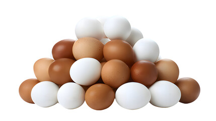 Pile stack heap of white and brown eggs isolated on white or transparent  background.