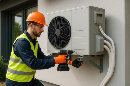 Professional engineer installing air source heat pump system on residential building exterior