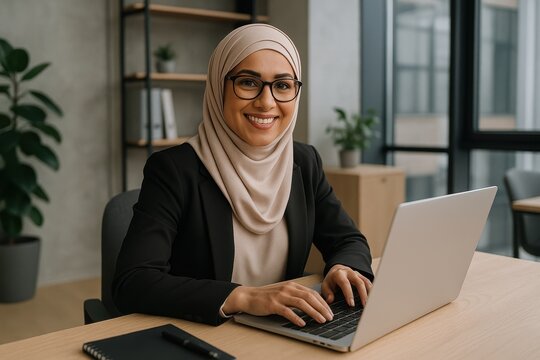 Professional Muslim businesswoman in hijab working confidently in modern corporate office