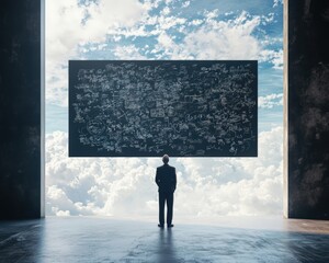 A person in a suit stands before a large chalkboard filled with complex equations, set against a dramatic backdrop of clouds and blue sky.