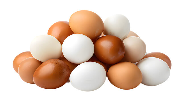 Pile stack heap of white and brown eggs isolated on white or transparent  background.