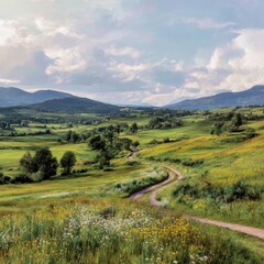 Obraz premium a peaceful countryside with green fields wildflowers and a winding dirt road through the middle of the landscape