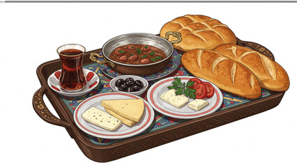 Delicious Turkish Breakfast Bread, Cheese, Olives, and Tea
