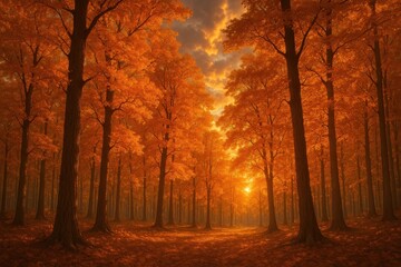 Breathtaking Autumn Forest Landscape with Golden Foliage Under Dramatic Sky at Sunset