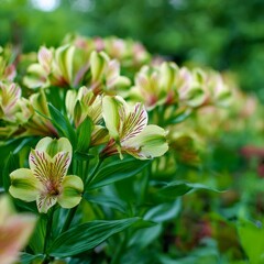 Obraz premium a patch of green alstroemeria lilies with streaked petals in a shaded flower bed