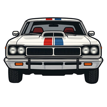 Wei&szlig;er Muscle Car mit Rennstreifen in Frontansicht