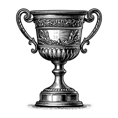 Antique cup trophy sketch engraving black and white outline. Scratch board imitation. illustrated in vintage line art style on a white background.