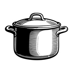 Kitchen pot sketch engraving black and white outline. Scratch board imitation.