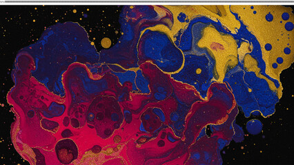 Abstract Fluid Art Painting Vibrant Swirls of Blue, Gold, and Red