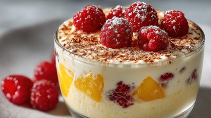 Delicious fruit trifle with raspberries, peaches, cream, and chocolate shavings