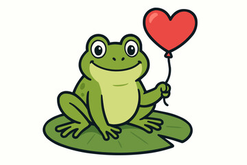 Obraz premium Cartoon frog sitting on a lily pad holding a red heart shaped balloon in a cheerful illustration
