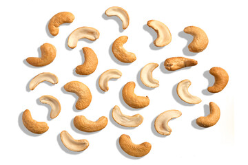 Flat lay cashew nuts isolated on white background.