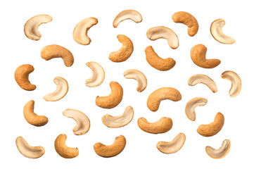 Set of Cashew nuts isolated on white background.
