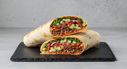 A robust 'Dürüm Kebab' (wrap), cut in half diagonally to display the inner layers of meat, salad, and sauce. 