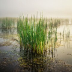 Obraz premium a patch of green horsetail reeds rising from a marshy wetland under soft morning mist