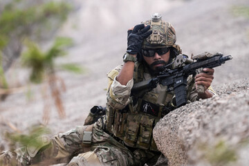 Special Forces Soldier Standing in Smoke During Tactical Operation – Full Combat Gear with Rifle...