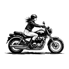 Woman riding motorbike sketch engraving black and white outline. Scratch board imitation.  illustrated in vintage line art style on a white background.