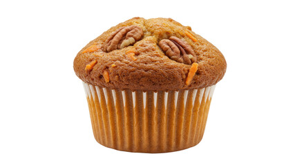 Carrot muffin with pecan nuts baked in a white paper cup