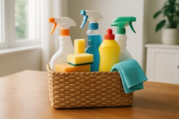 Basket Variety Cleaning Products Wooden Table Household