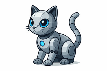 Obraz premium Illustration of a robotic cat with blue eyes and a segmented tail sitting on a white background